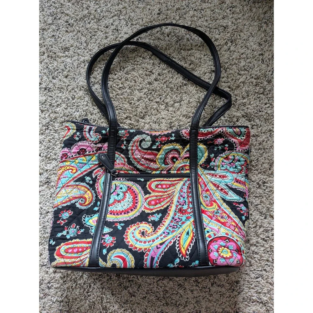 Vera Bradley Quilted Paisley Tote Bag Black Faux Leather Trim Shoulder Bag